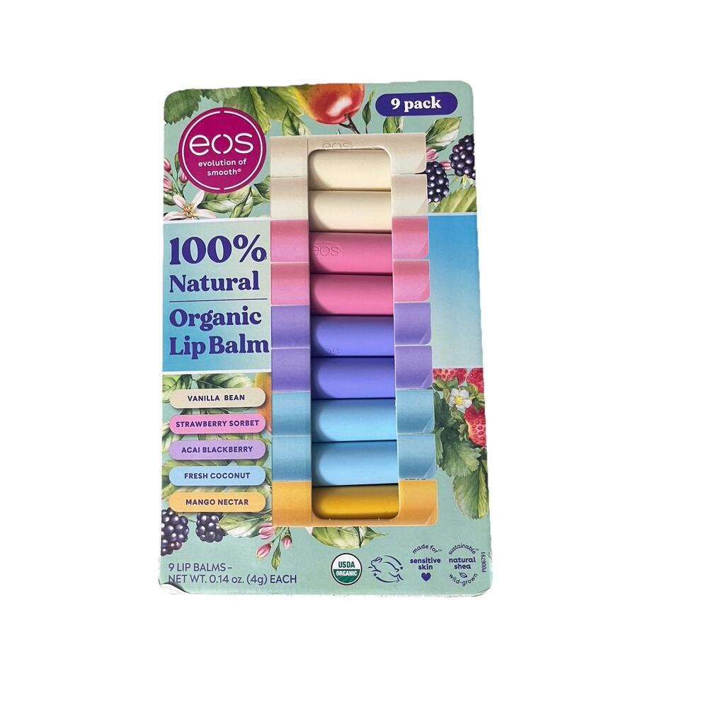 eos 100% Natural Organic Lip Balm Vanilla Strawberry Acai Coconut Mango 9 Pack